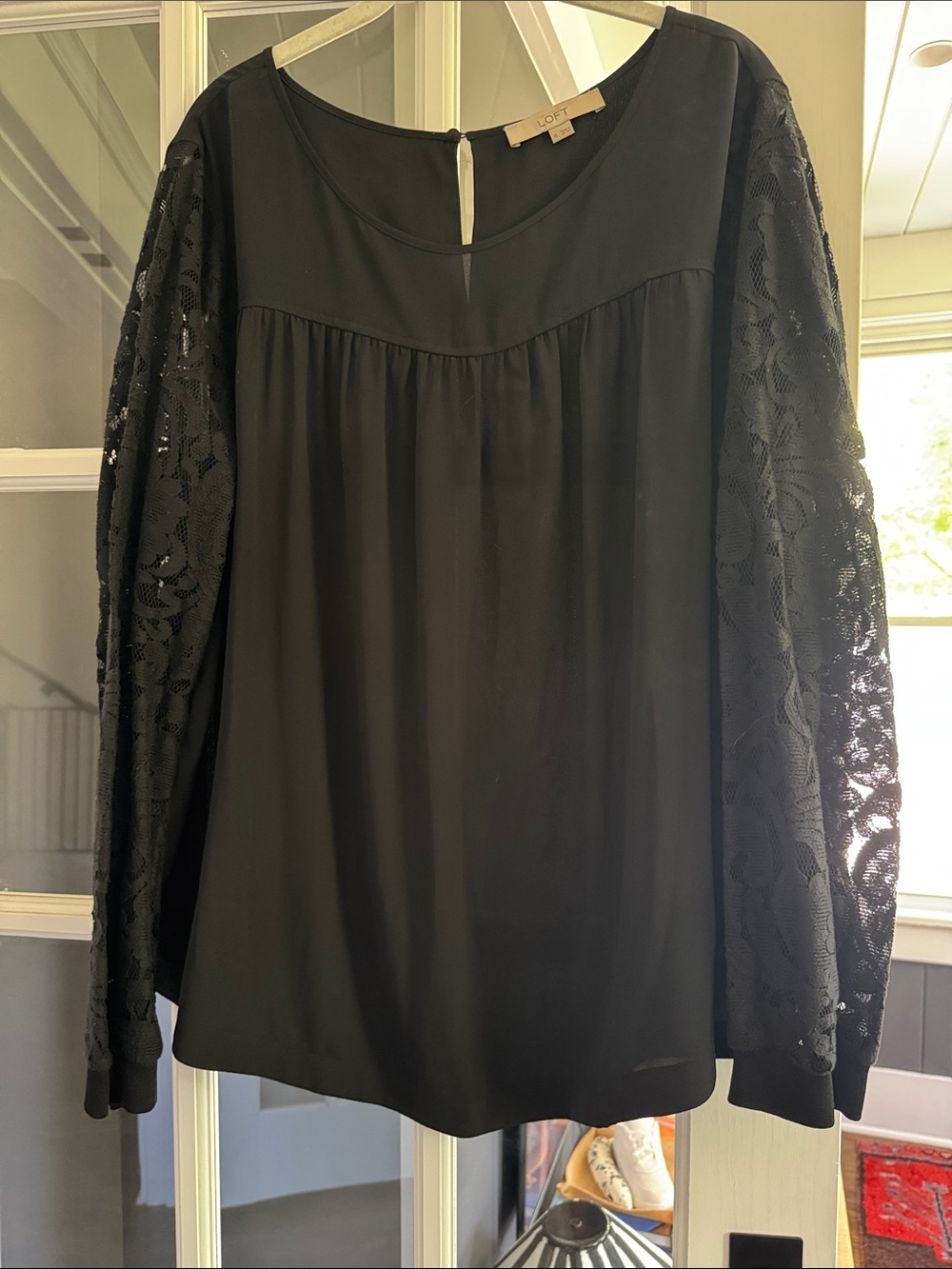LOFT Black Lace-Sleeve Scoop-Neck Blouse
